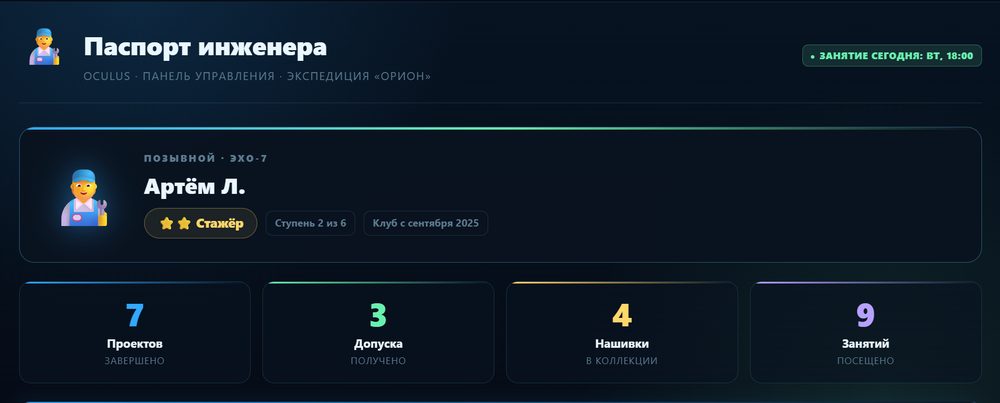 Паспорт инженера в OCULUS: звание, завершённые проекты, допуски и нашивки